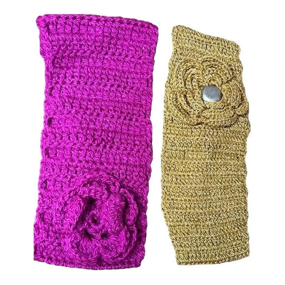 HANDMADE CROCHET KNITTED HEADBANDS SET OF 4 GREEN PURPLE RED WHITE FLORAL - Picture 3 of 5